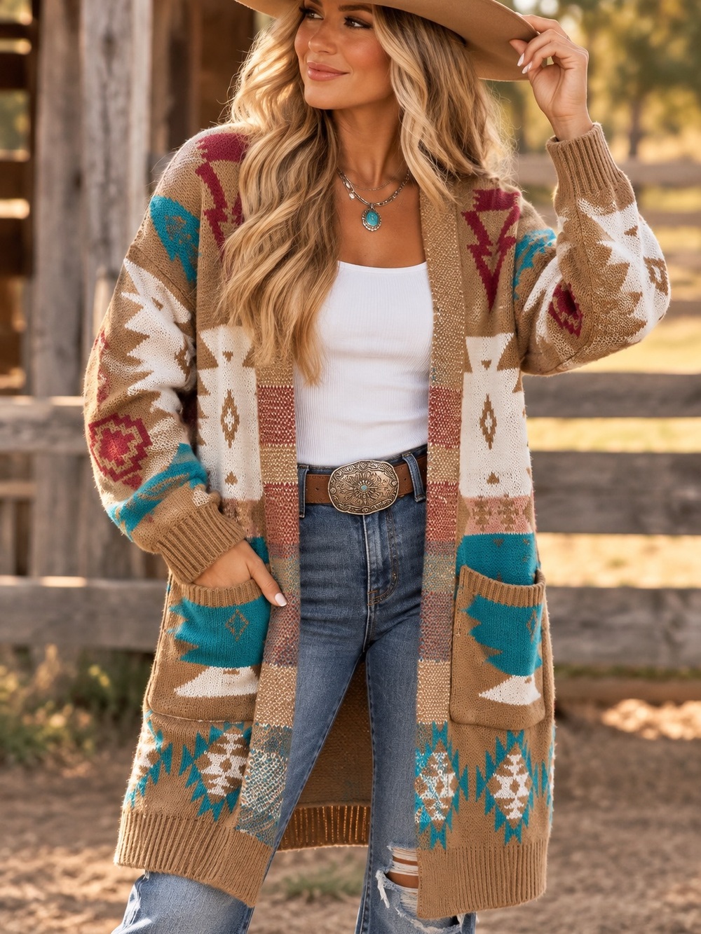 NWT Blue Buttercup Aztec Southwestern Open Cardigan Sweater Tan Size S